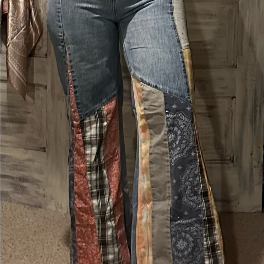Easel Blue and Red Flare Wide Leg Jeans